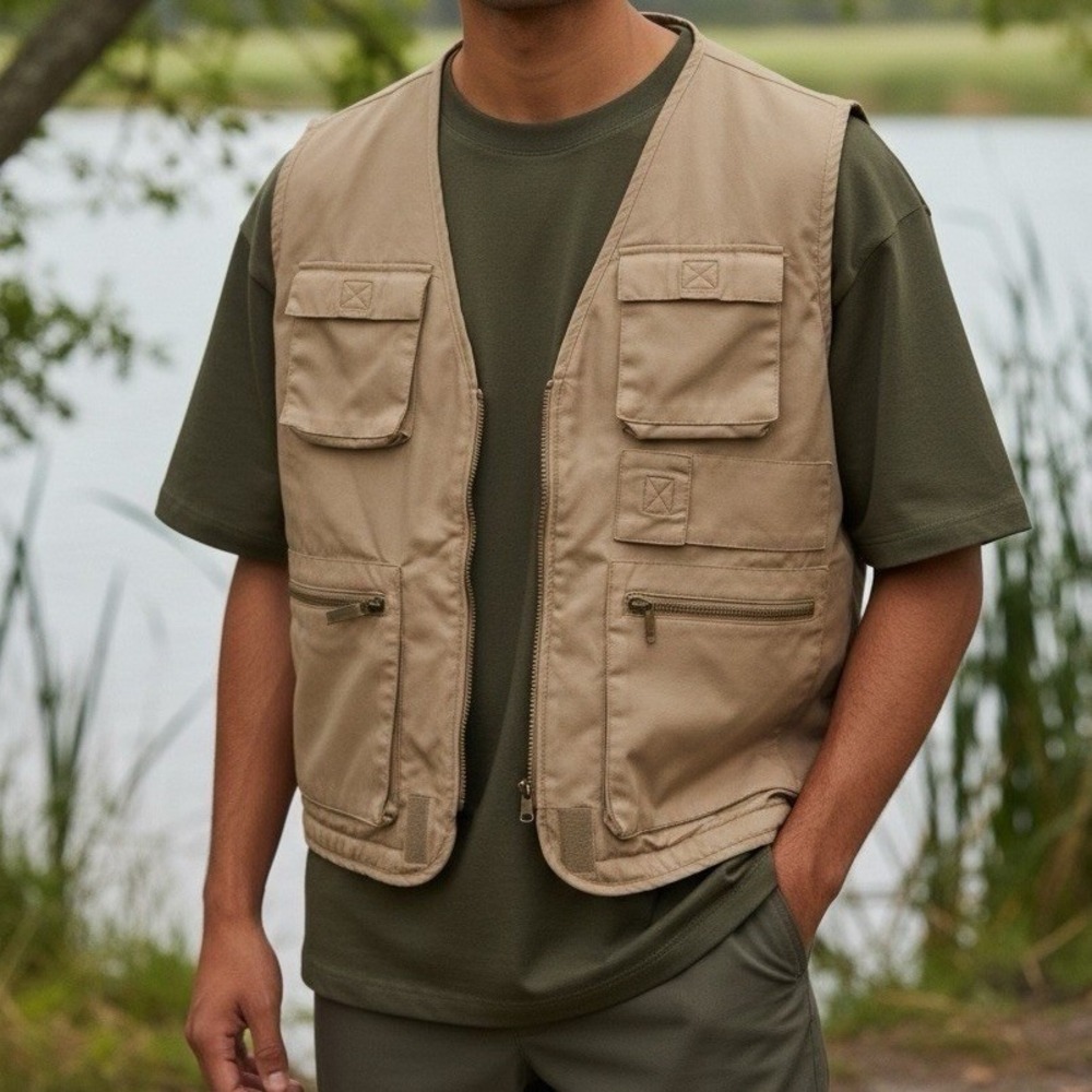 Fieldmaster Utility Vest Mens XL Khaki Multi-Pocket Fleece Lined Gorpcore Cargo